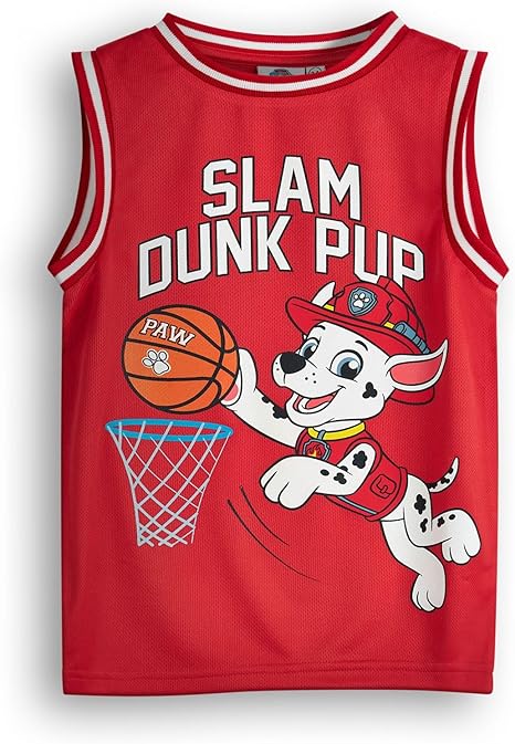 Paw Patrol Boys Marshall Basketball Jersey | Kids Slam Dunk Pup Sports Top in Red