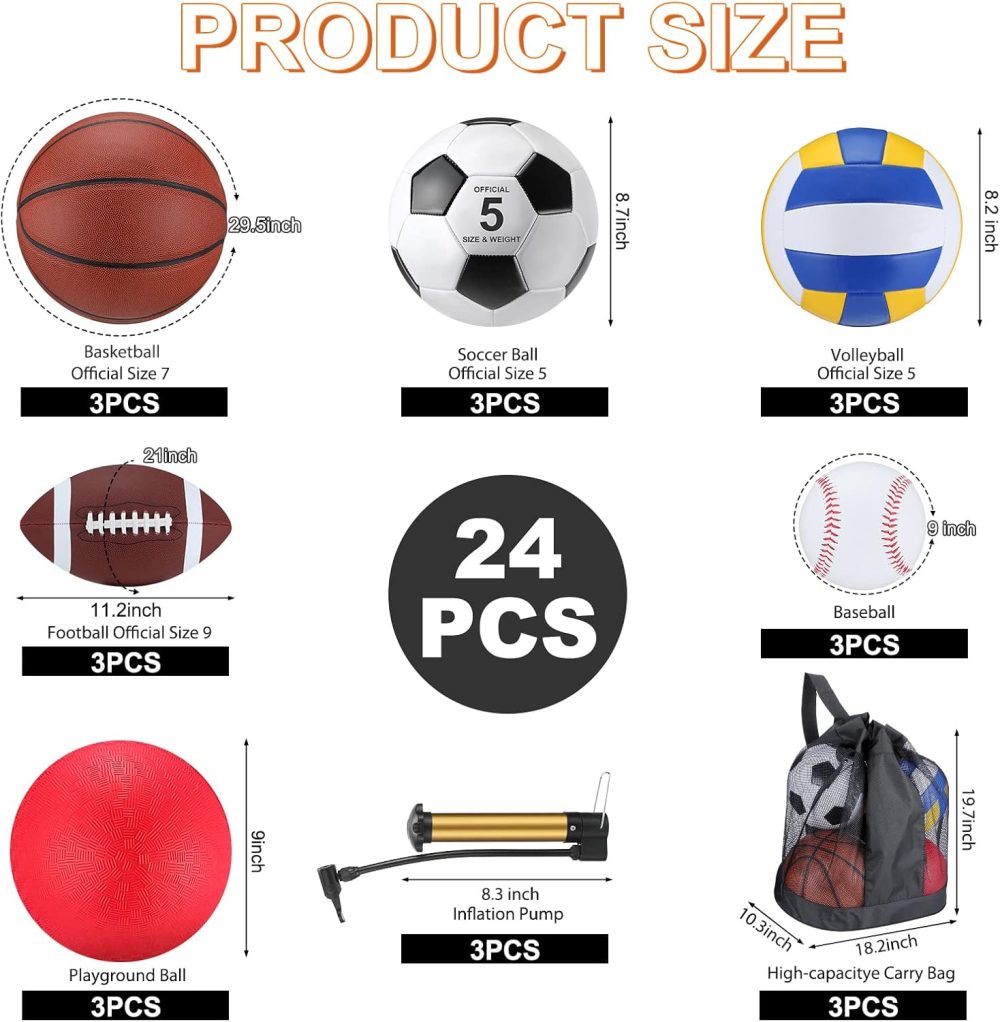 Leyndo 18 Pcs Bulk Sport Balls Set Basketball Football Volleyball Soccer Playground Baseball Outdoor Sport Equipment Full Size with Ball Bag Pump for Youth Adults Gift - Image 2