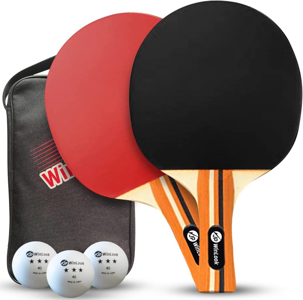 JP WinLook Ping Pong Paddle Set - Four Professional Table Tennis Paddles, Eight Balls, and A Case for Indoor & Outdoor Play - Premium Ping Pong Racket Set for All Players