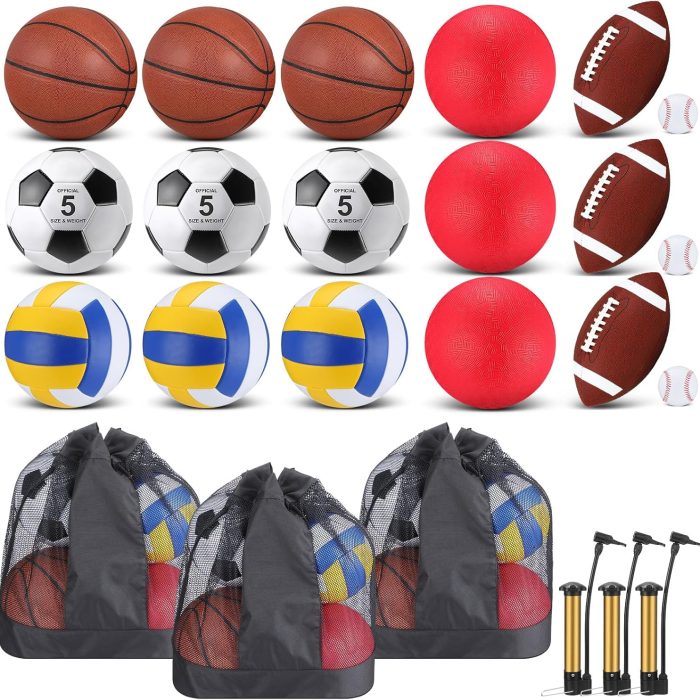 Leyndo 18 Pcs Bulk Sport Balls Set Basketball Football Volleyball Soccer Playground Baseball Outdoor Sport Equipment Full Size with Ball Bag Pump for Youth Adults Gift